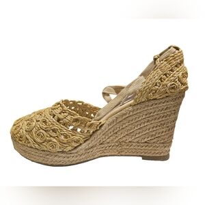 673 Braccialini Tan Espadrille Wedge Sandals with Crochet Detailing EU 39
